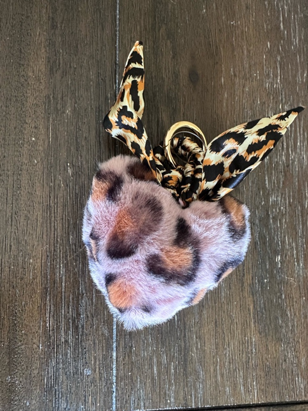 Leopard Print Heart Keychain Plush with Bow - Pink/Brown